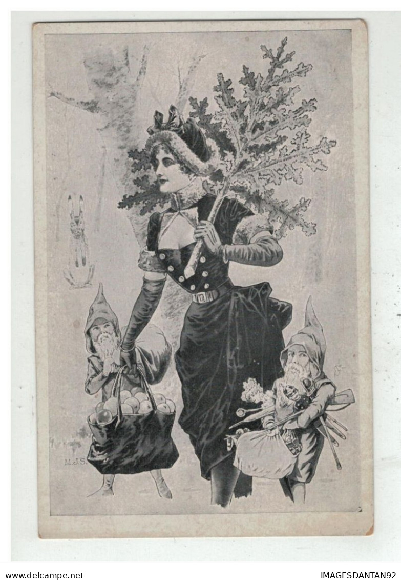 NOEL #17499 JOLIE FEMME PORTANT UN SAPIN AVEC 2 LUTINS PLEINS DE JOUETS ILLUSTRATEUR - Saint-Nicholas Day