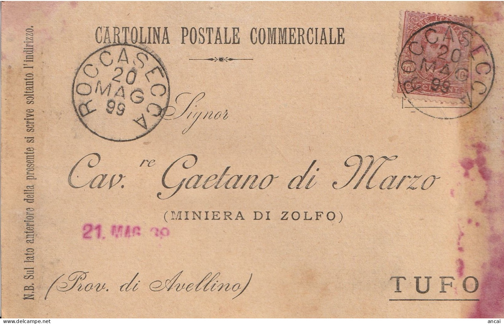 Italy. A205. Roccasecca. 1899. Annullo Grande Cerchio ROCCASECCA, Su Cartolina Postale Commerciale - Marcophilia