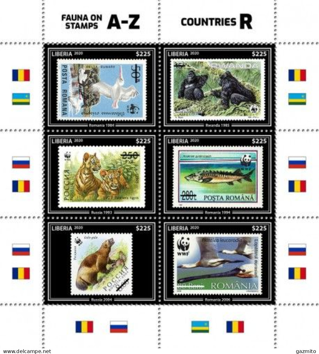 Liberia 2020, WWF, Gorilla, Tiger, Fish, Bird, Bears, 6val In BF - Pelícanos
