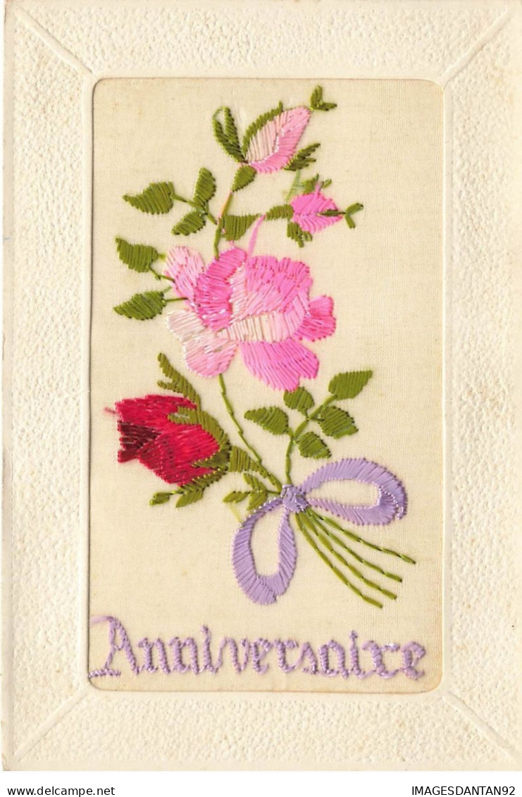 ANNIVERSAIRE #22500 CARTE BRODEE ROSE NOEUD - Anniversaire