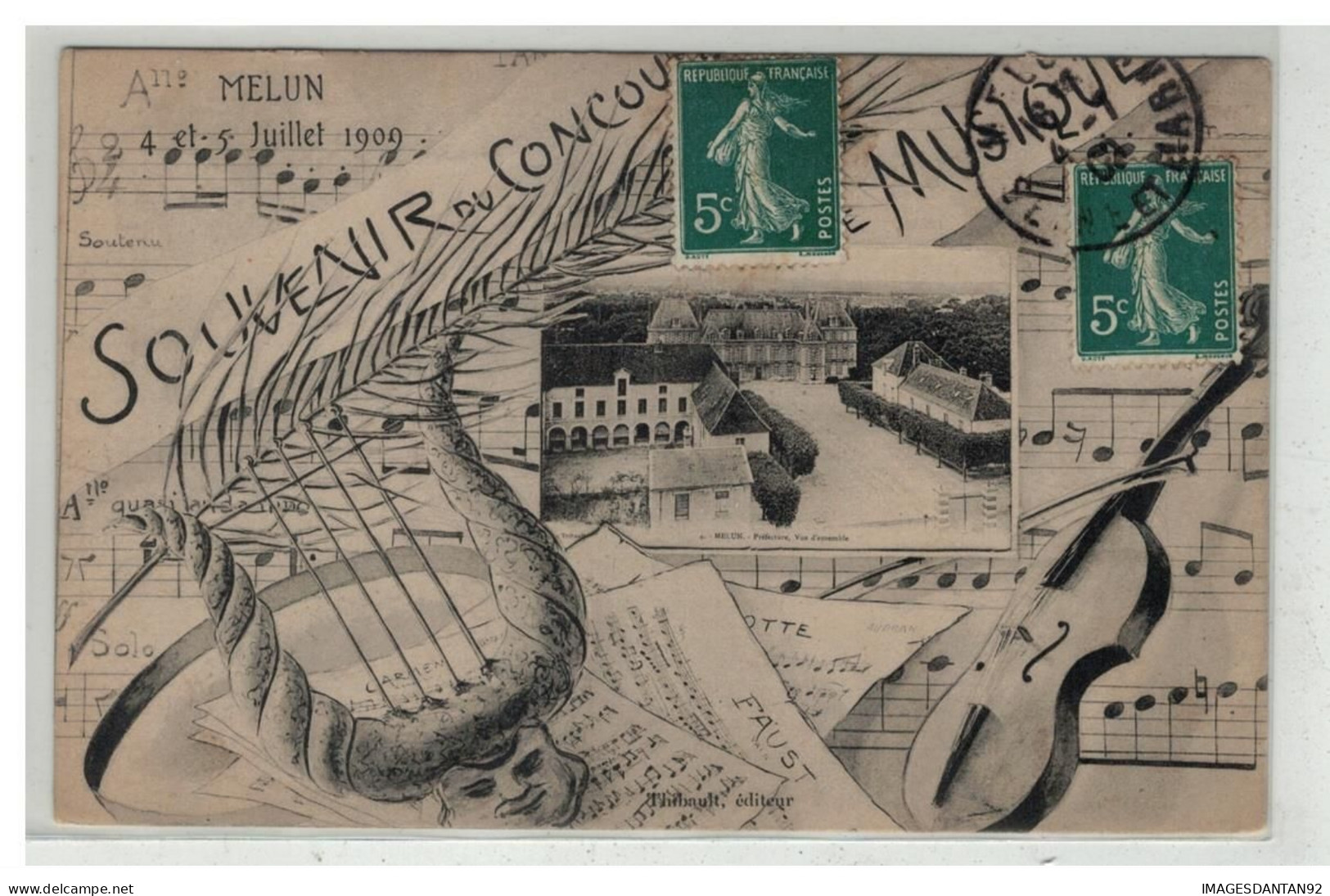 77 MELUN #19589 SOUVENIR DU CONCOURS DE MUSIQUE JUILLET 1909 INSTRUMENT HARPE VIOLON VIOLONCELLE - Melun