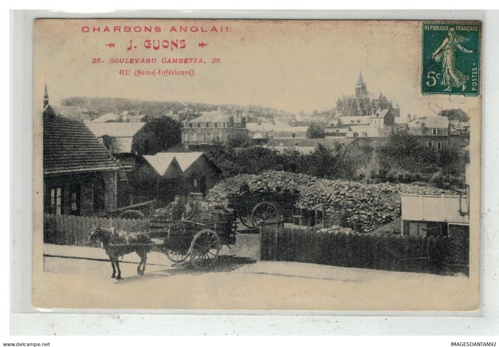 76 EU #14025 CHARBONS ANGLAIS GUONS BOULEVARD GAMBETTA ATTELAGE CARTE PUBLICITAIRE - Eu