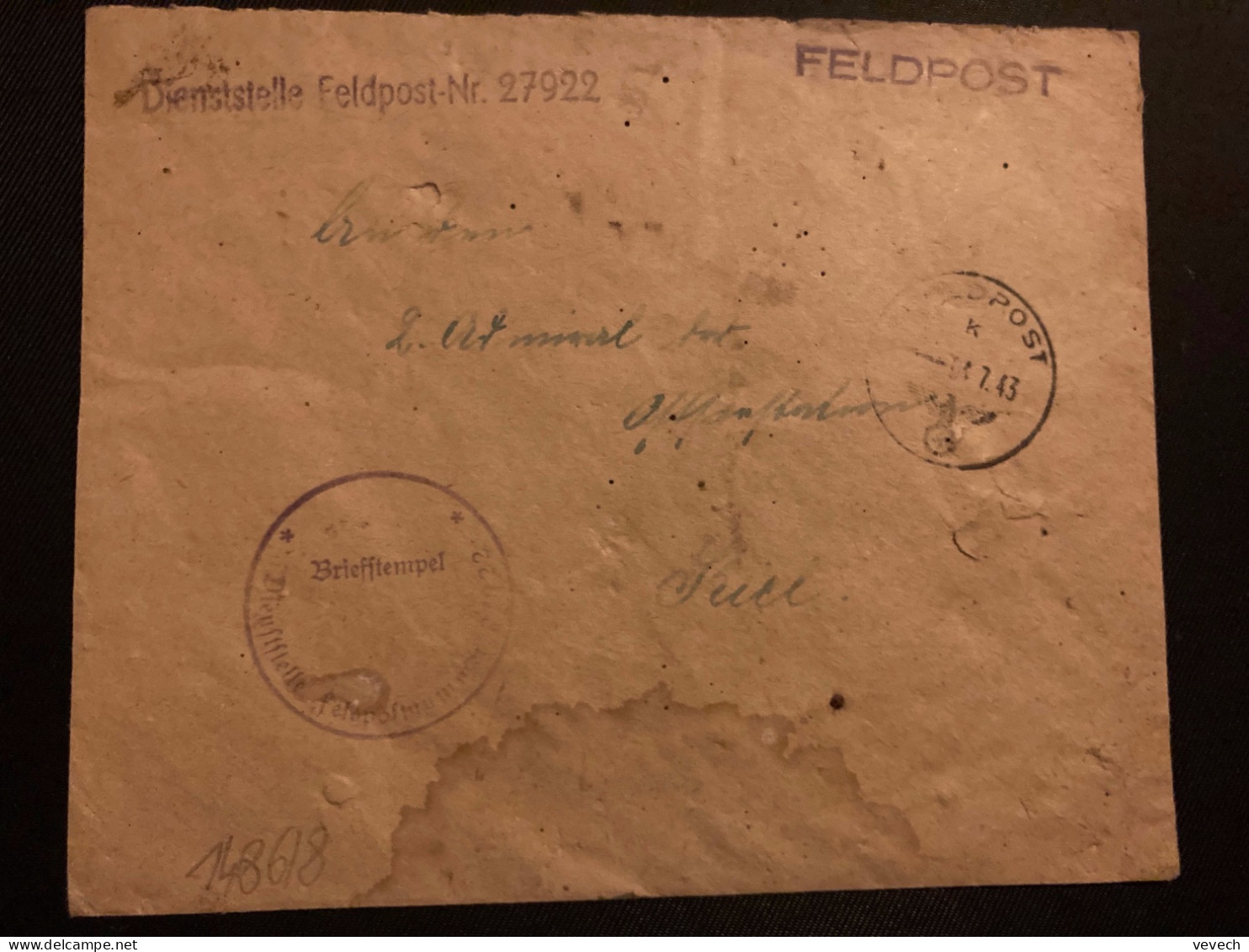 LETTRE FELDPOST NUMMER 27922 OBL.04-7 43 FELDPOST - Brieven En Documenten