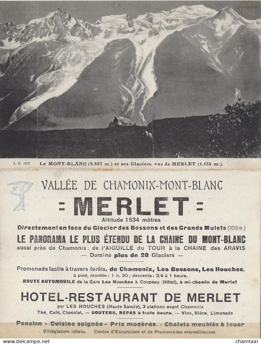 74 LES HOUCHES DEPLIANT HOTEL RESTAURANT DE MERLET GLACIER DES BOSSONS ET TACONNAZ VALLEE DE CHAMONIX MONT BLANC - Werbung