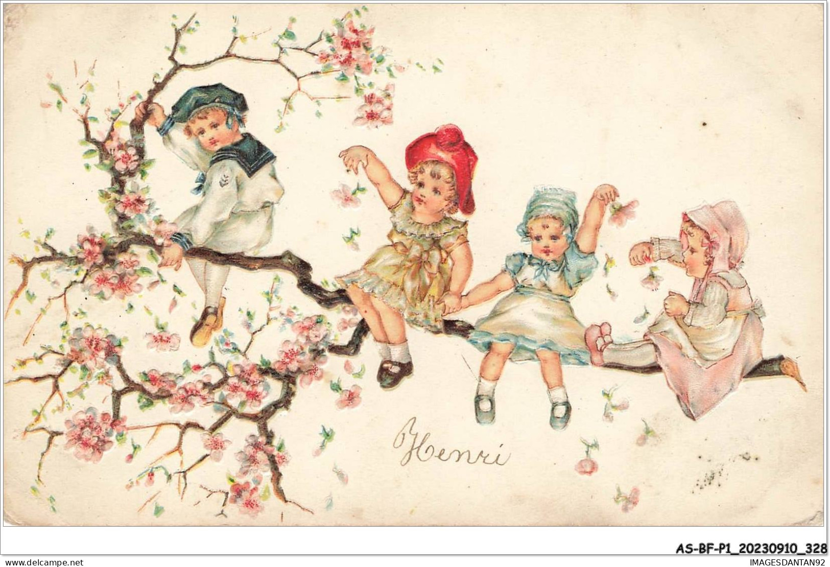 AS#BFP1-0165 - FANTAISIE - Bébés Assis Sur Une Branche Fleurie - Carte Gaufrée - Bébés
