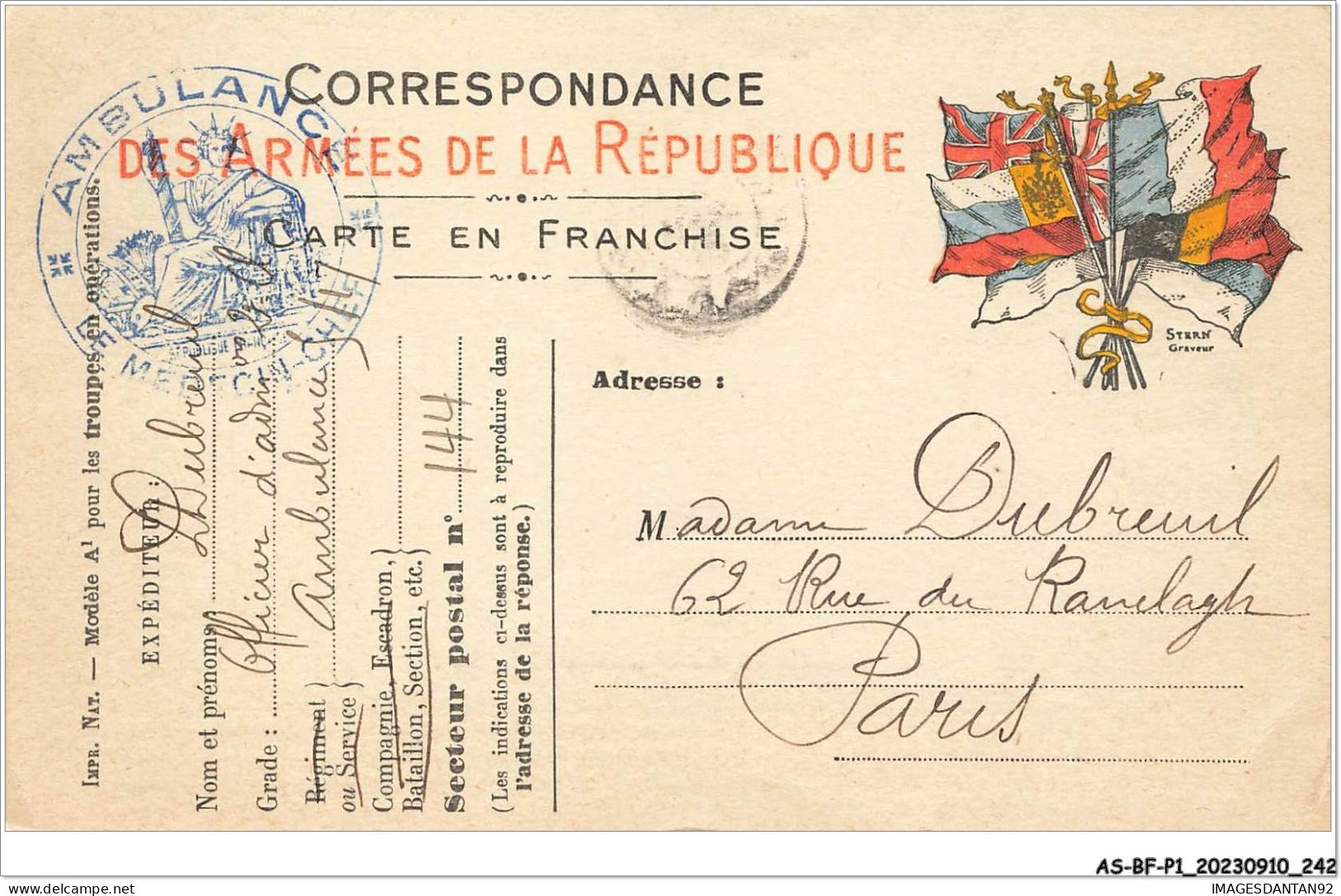 AS#BFP1-0122 - CACHET - SANTE AMBULANCE 144 - Correspondance Des Armées De La République - Salute