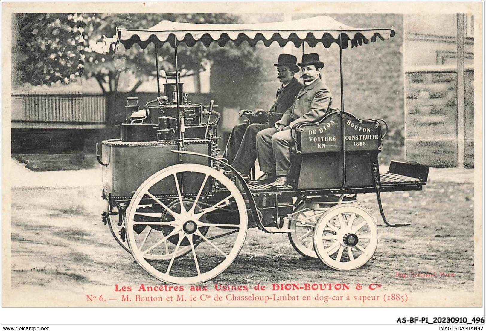 AS#BFP1-0249 - AUTOMOBILE - Les Ancêtres De Dion-Bouton - M.Bouton Et M. Le Comte De Chasseloup En Dog-car - Buses & Coaches