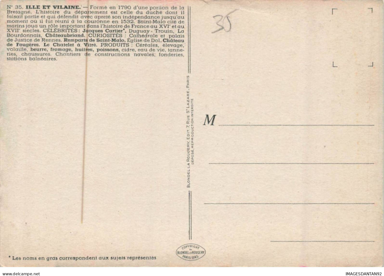 35 ILLE ET VILAINE AK#DC537 CARTE DU DEPARTEMENT BLASON CHATEAUBRIAND ET JACQUES CARTIER - Sonstige & Ohne Zuordnung