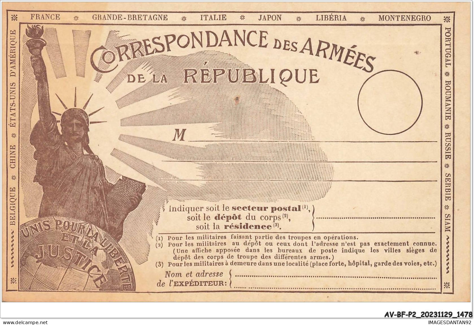 AV-BFP2-0926 - MILITAIRE - Correspondance Des Armées De La Réepublique - NÂ°1 - Other & Unclassified