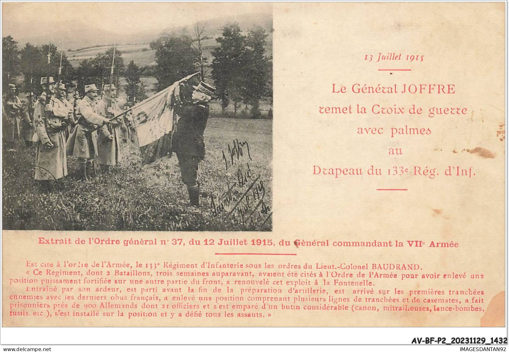 AV-BFP2-0903 - MILITAIRE - 133è Régiment D'infanterie - Le Général Joffre Remet La Croix De Guerre - Régiments