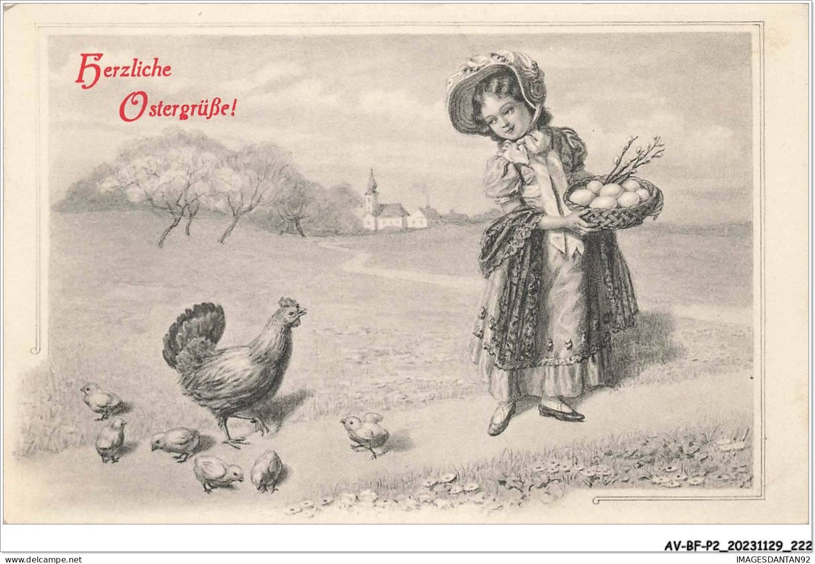 AV-BFP2-0299 - VOEUX - Herzliche Ostergrübe - Jeune Femme Portant Un Panier, Sous Le Regard D'une Poule - Easter