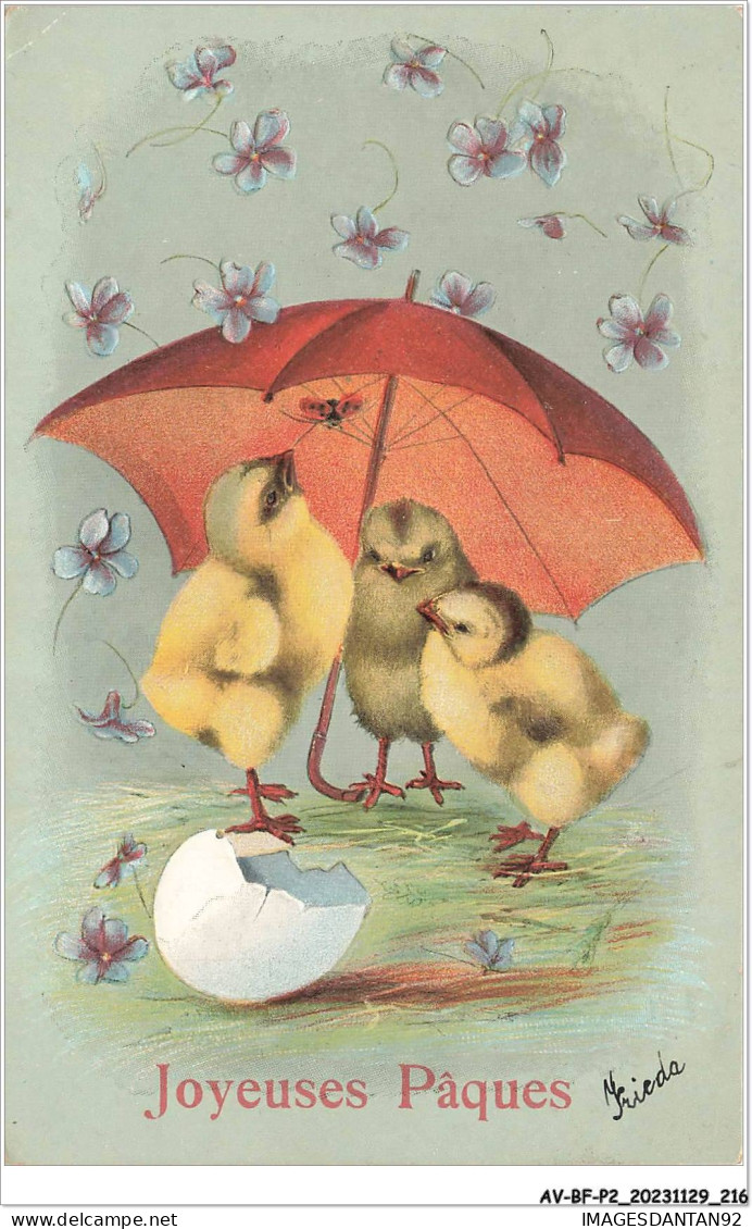 AV-BFP2-0296 - VOEUX - Joyeuses Pâques - Poussins Sous Un Parapluie Se Protégeant De Fleurs - Easter