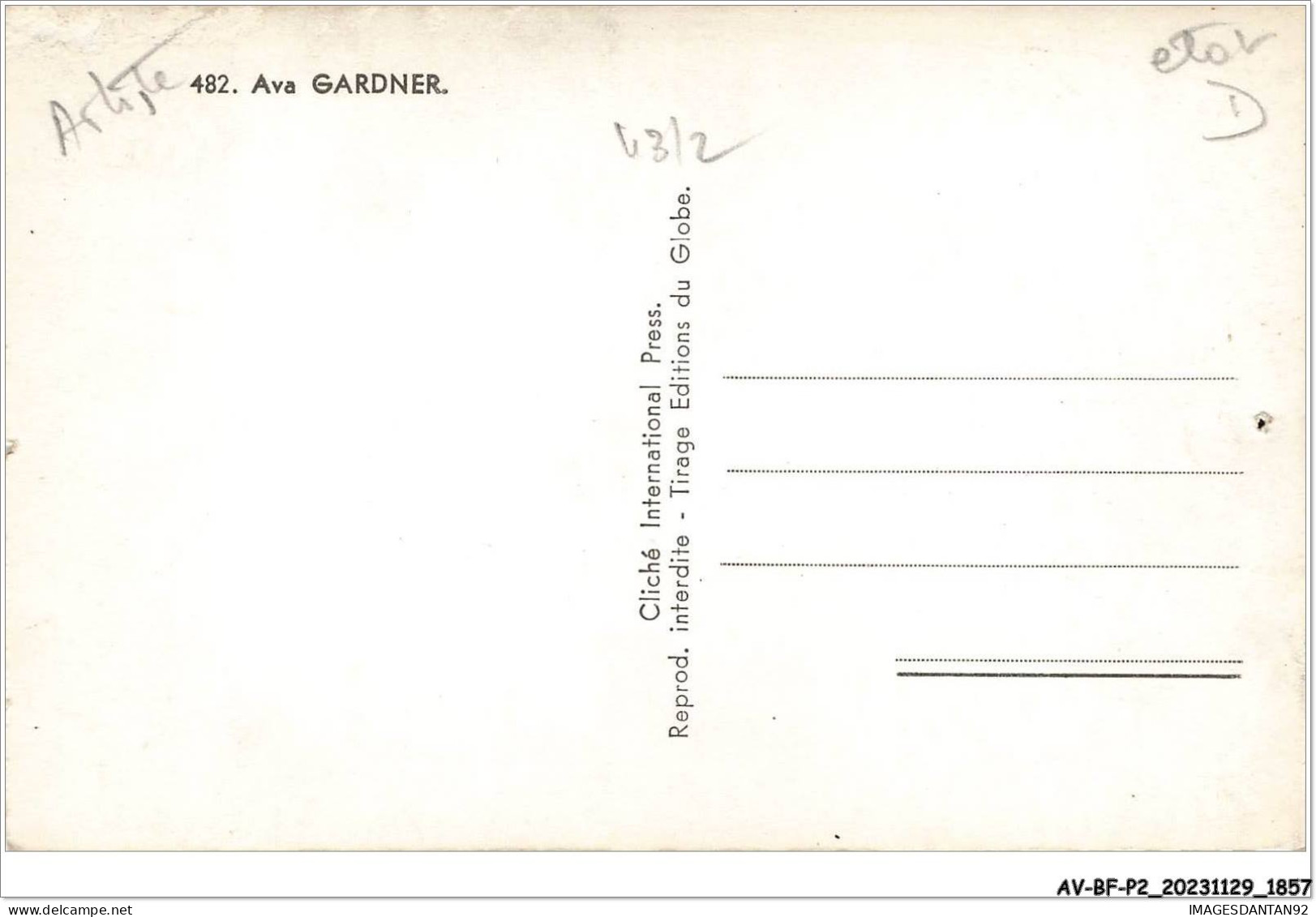 AV-BFP2-1115 - SPECTACLE - Artiste - Ava Gardner - Métro Goldwyn Mayer - Carte Vendue En L'état - Artiesten