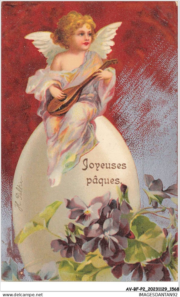 AV-BFP2-0971 - ANGE - Joyeuses Pâques - Ange Jouant De La Mandoline, Assis Sur Un ...Âuf, Violettes - Engel