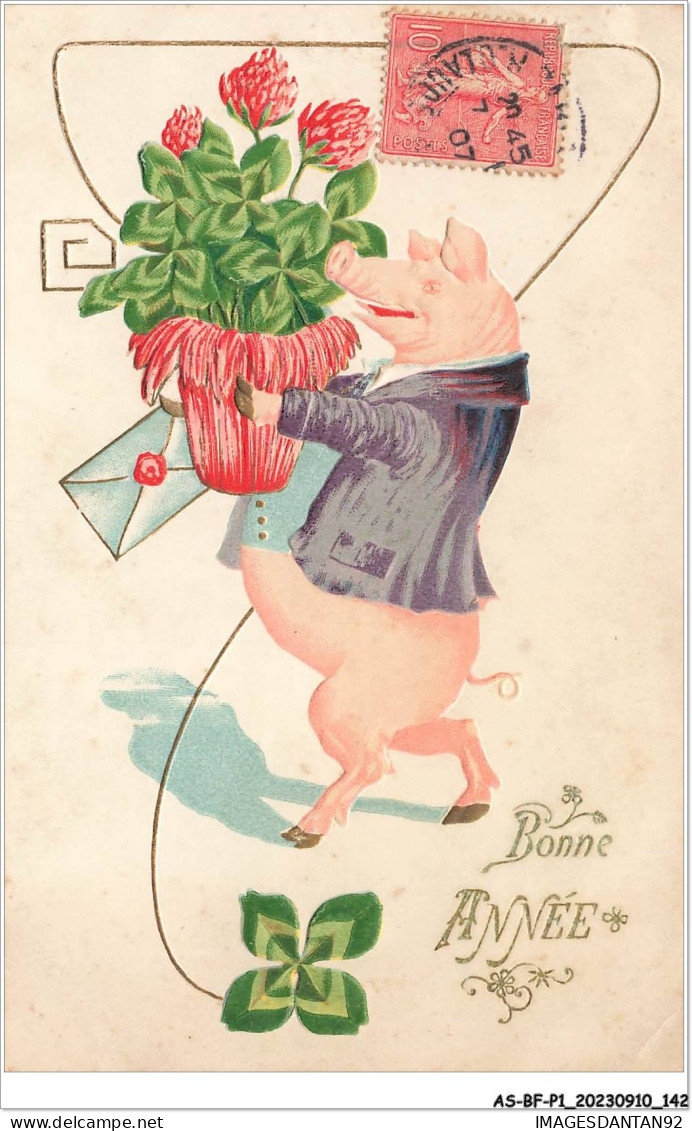 AS#BFP1-0072 - Animaux - Cochon Habillé - Bonne Année - Carte Gaufrée - Pigs