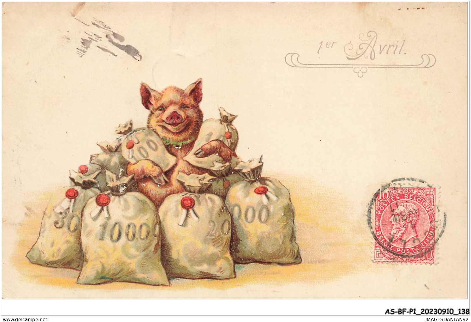 AS#BFP1-0070 - Animaux - Cochon Au Milieu De Sac De Pièces D'or - 1er Avril - Schweine