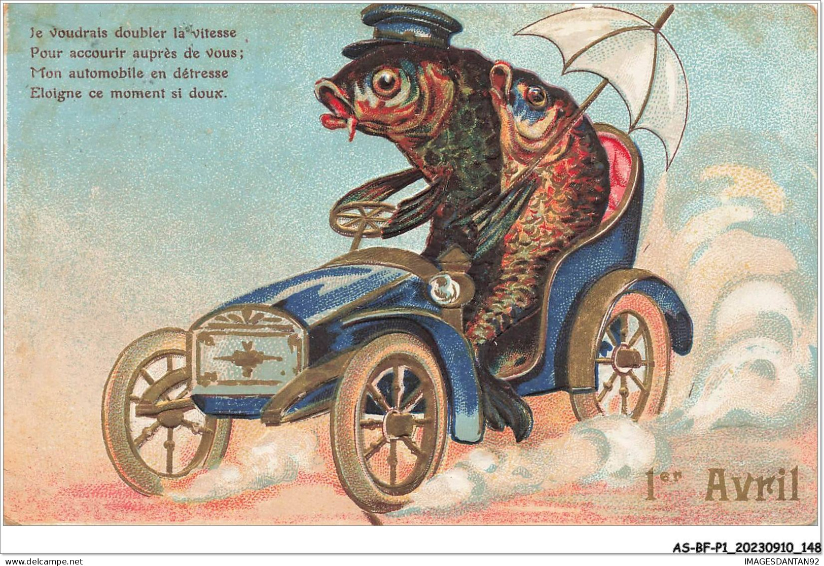 AS#BFP1-0075 - Animaux - Poisson Dans Une Voiture - 1er Avril - Carte Gaufrée - Fish & Shellfish