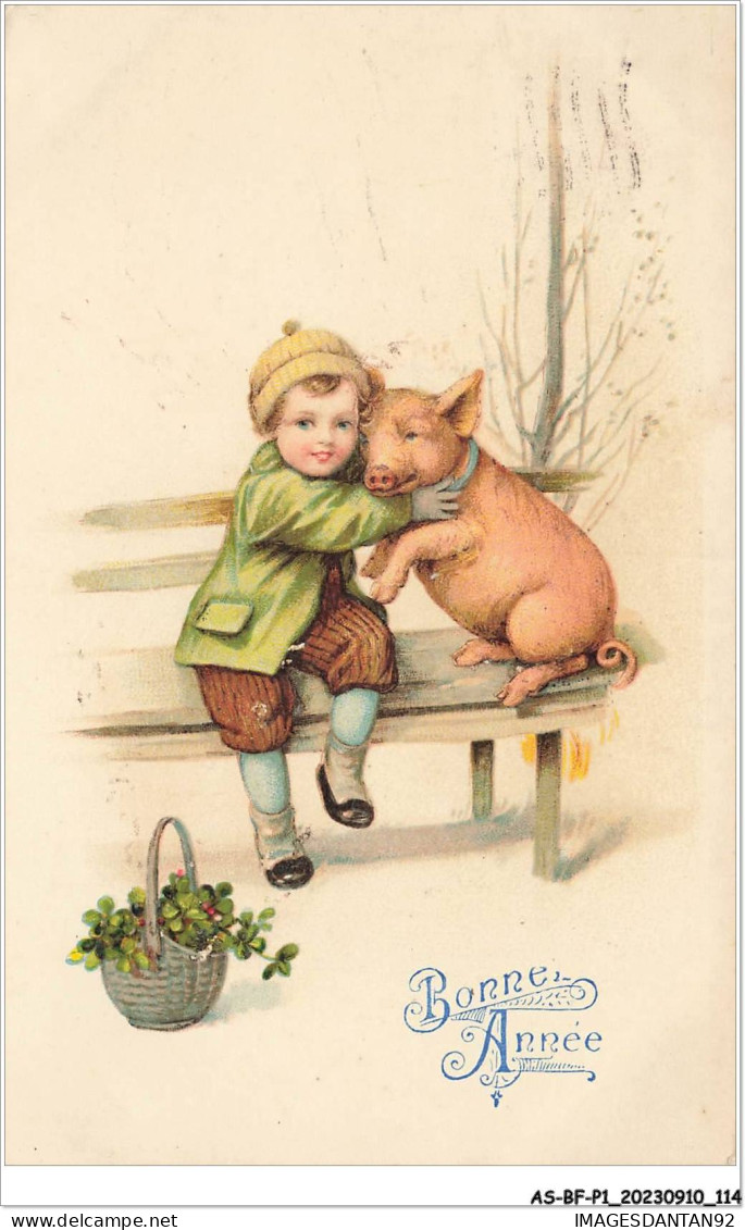 AS#BFP1-0058 - Animaux - Cochon - Bonne Année - Garçon Câlinant Un Cochon - Pigs