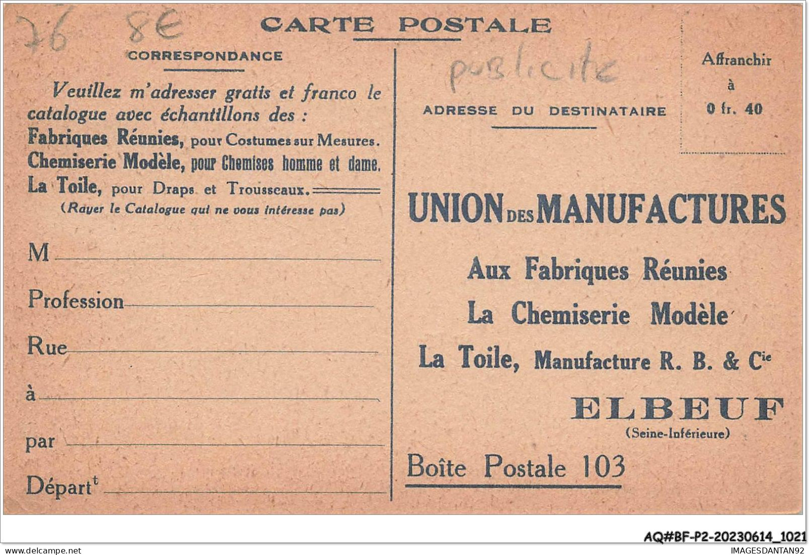 AQ#BFP2-76-0508 - ELBEUF - Tout Sort De Nos Usines D'Elbeuf - Union Des Manufactures - Carte Publicitaire - Elbeuf