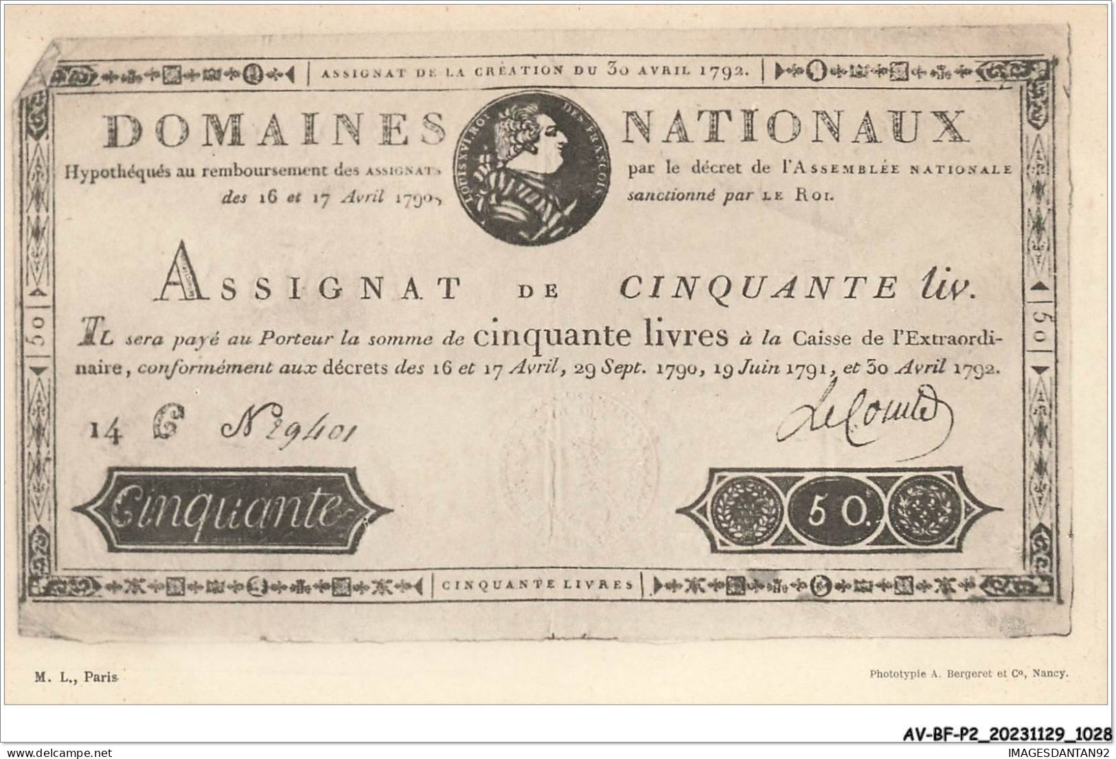 AV-BFP2-0701 - MONNAIE - Billet - Assignat De Cinquante Livres - Monedas (representaciones)