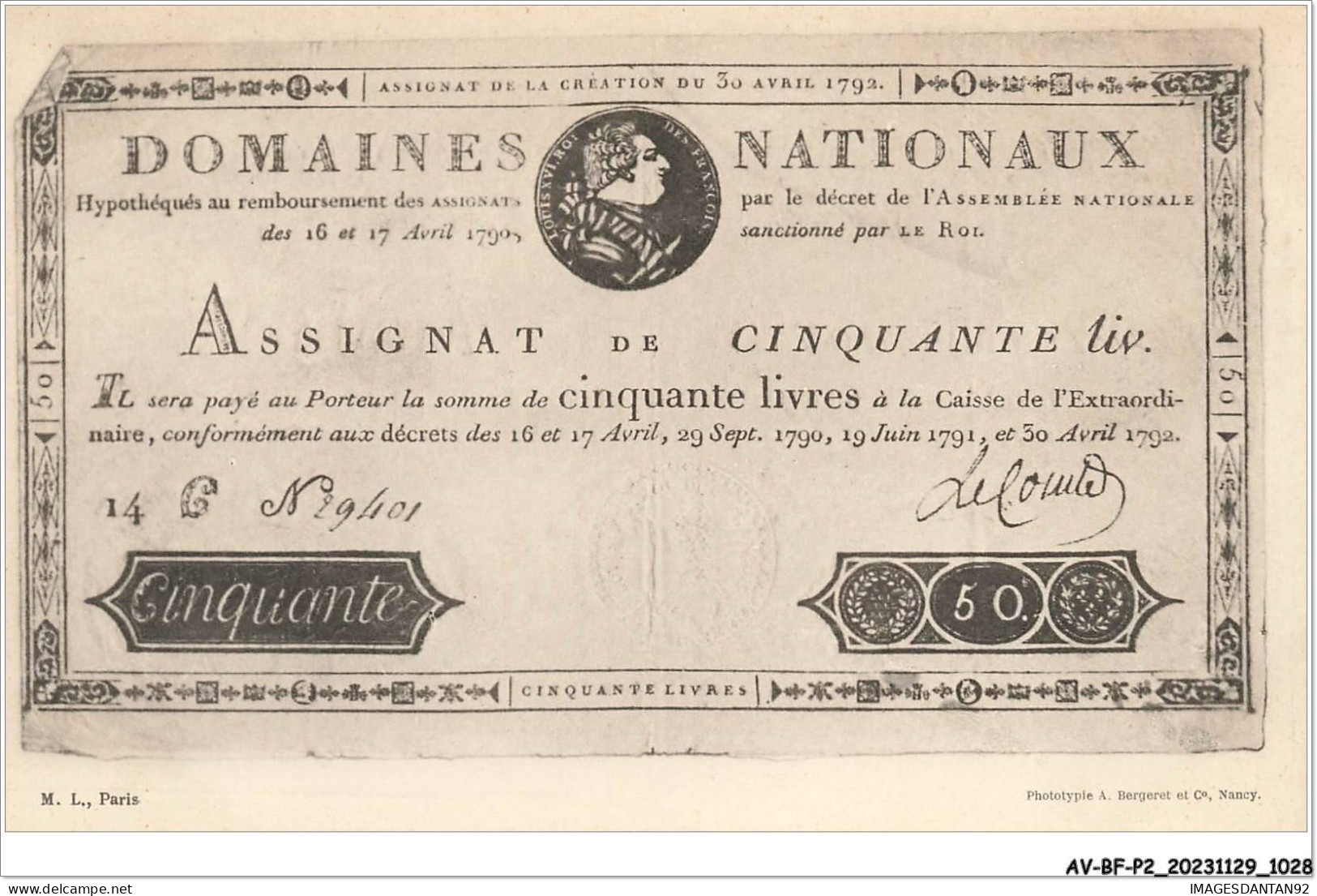 AV-BFP2-0701 - MONNAIE - Billet - Assignat De Cinquante Livres - Monnaies (représentations)