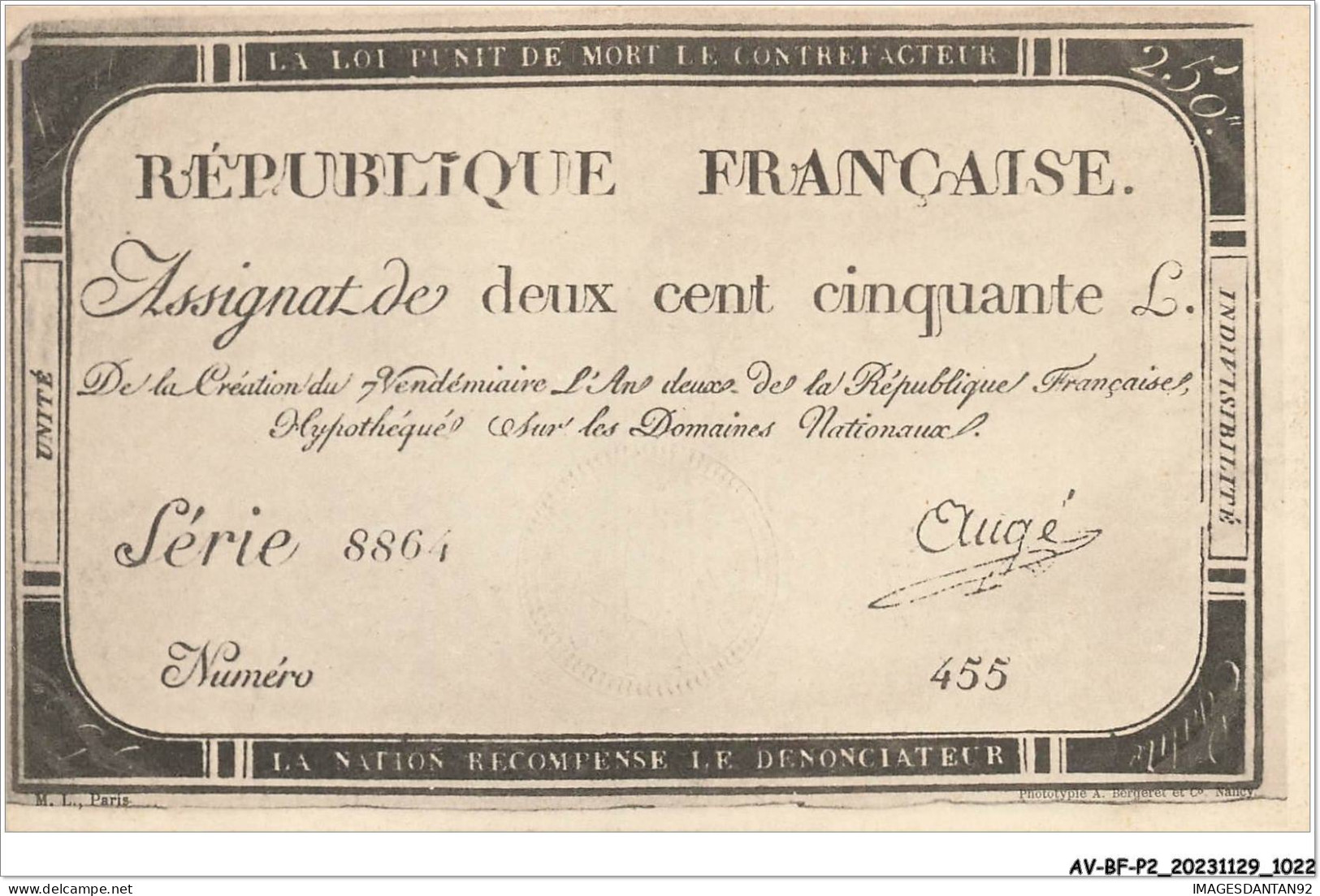 AV-BFP2-0698 - MONNAIE - Billet - Assignat De Deux Cents Cinquante - Monedas (representaciones)