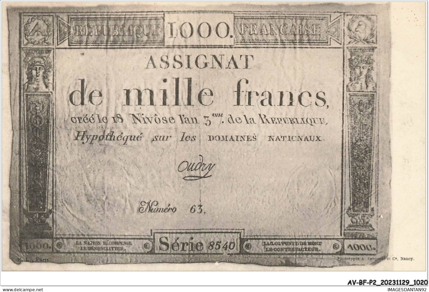 AV-BFP2-0697 - MONNAIE - Billet - Assignat De Mille Francs - Monnaies (représentations)