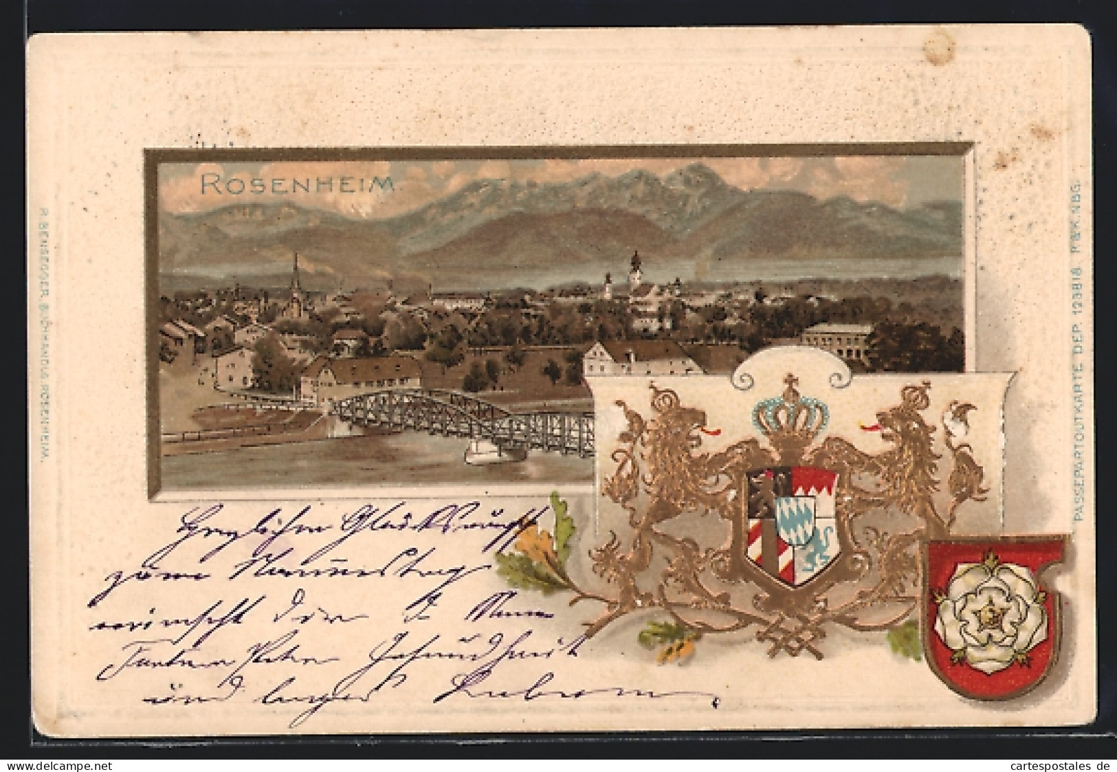 Passepartout-Lithographie Rosenheim / Obb., Gesamtansicht Aus Der Vogelschau, Wappen  - Other & Unclassified