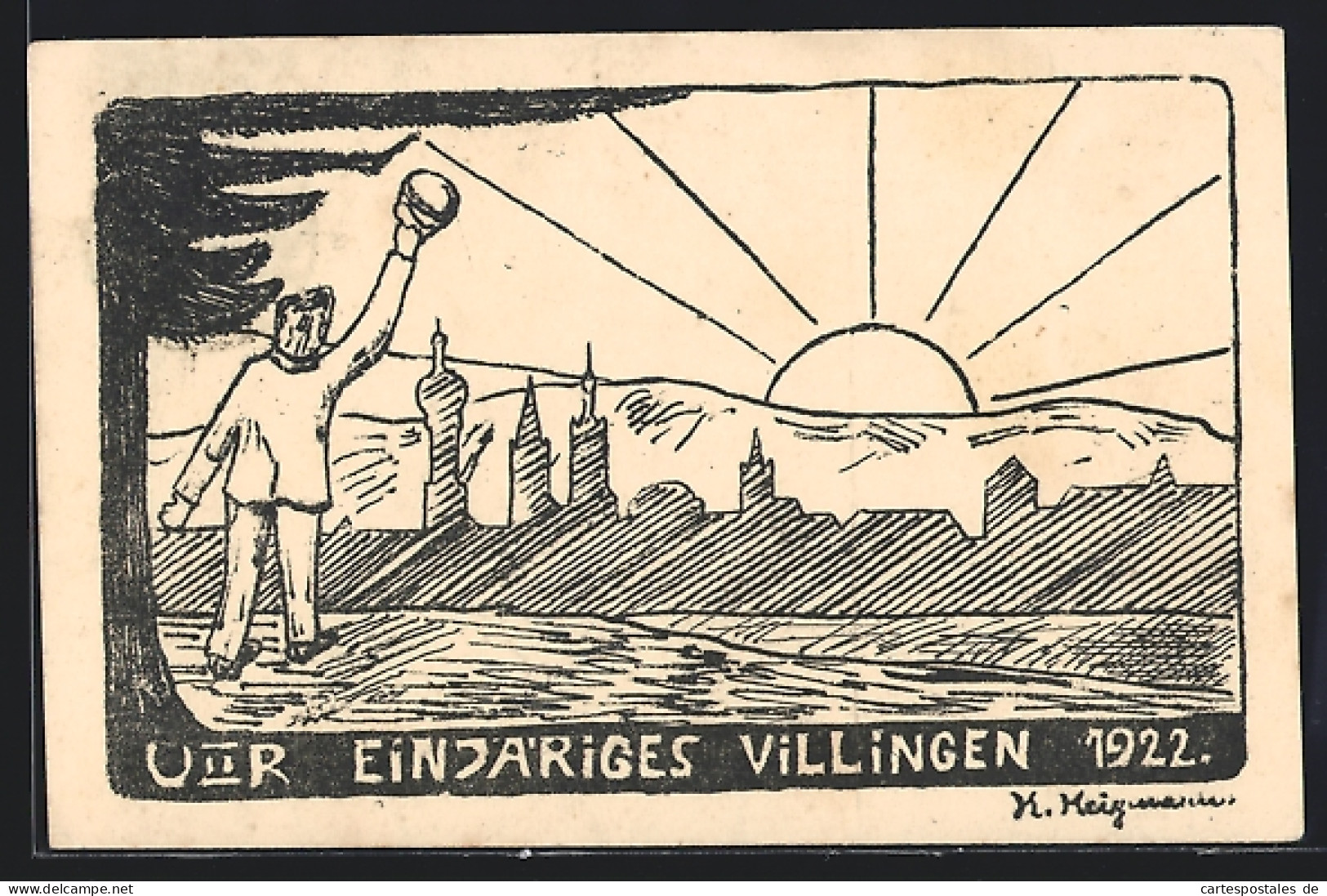 Künstler-AK Villingen / Baden, Einjähriges 1922, Teilansicht Und Winkender Student, Absolvia  - Other & Unclassified