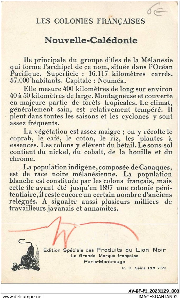 AV-BFP1-0002 - NOUVELLE CALEDONIE - Les Colonies Françaises - Carte - Edition Lion Noir - Nouvelle-Calédonie