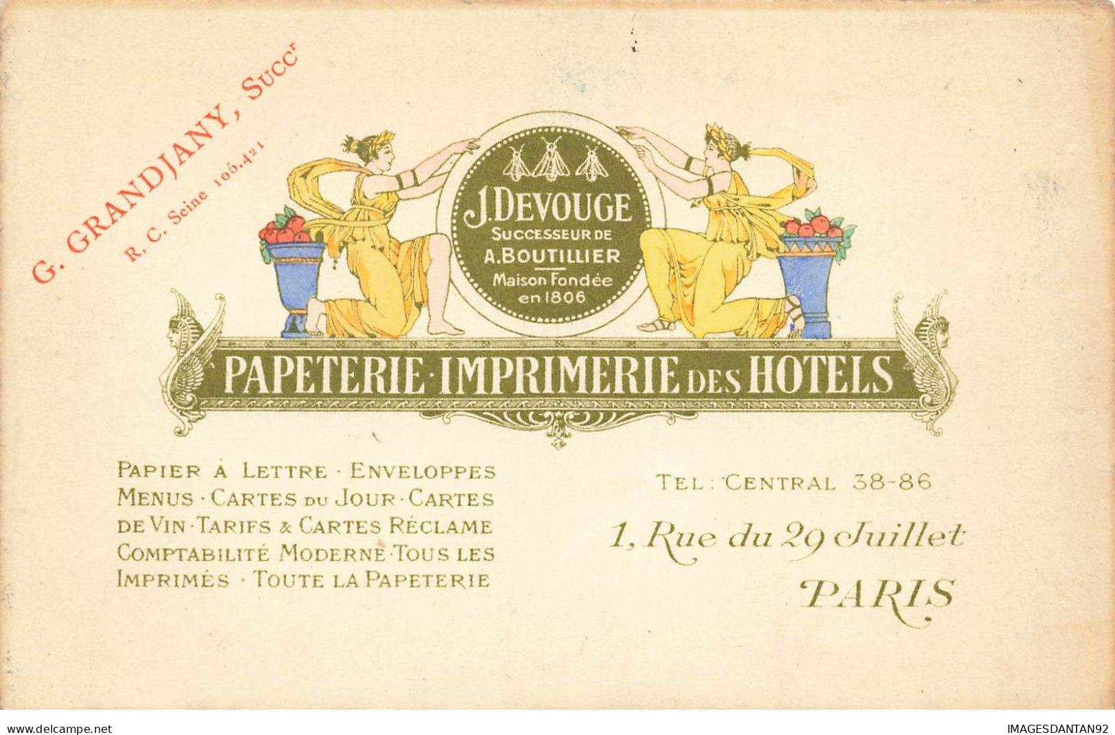 75001 PARIS #FG56451 PAPETERIE IMPRIMERIE DES HOTELS DEVOUGE RUE DU 29 JUILLET ART GREC - Distrito: 01