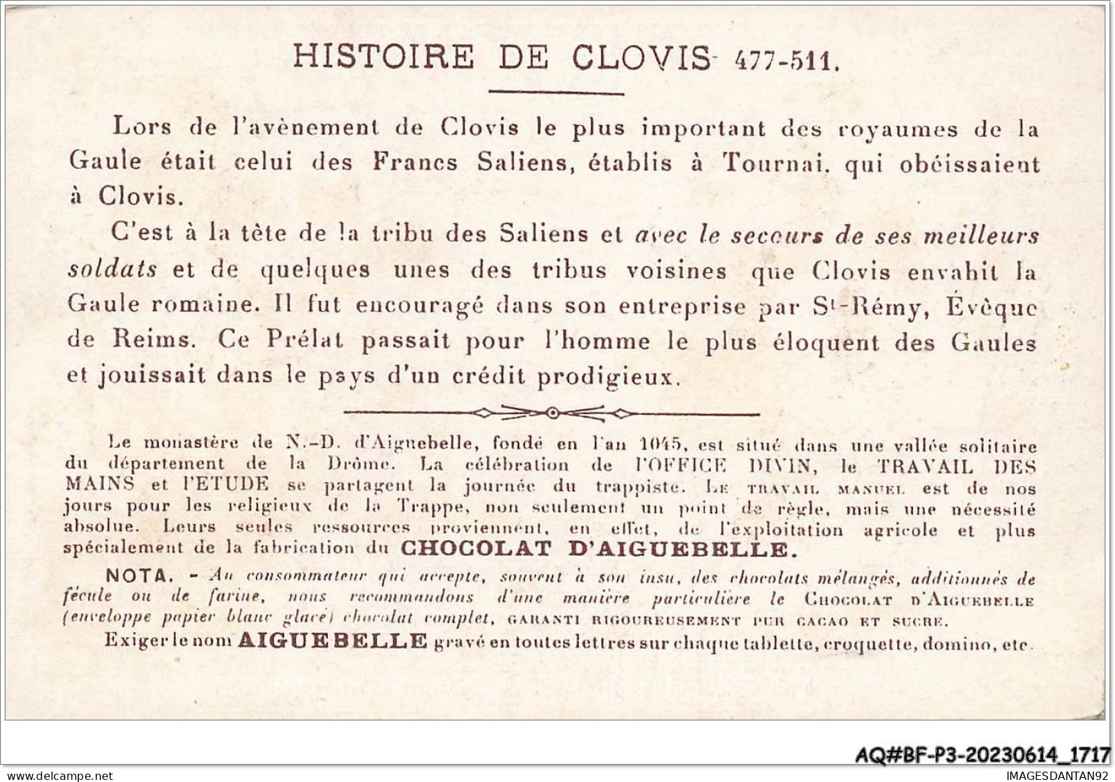 AQ#BFP3-CHROMOS-0856 - CHOCOLAT D'AIGUEBELLE - Histoire De Clovis - NÂ°1 - Aiguebelle