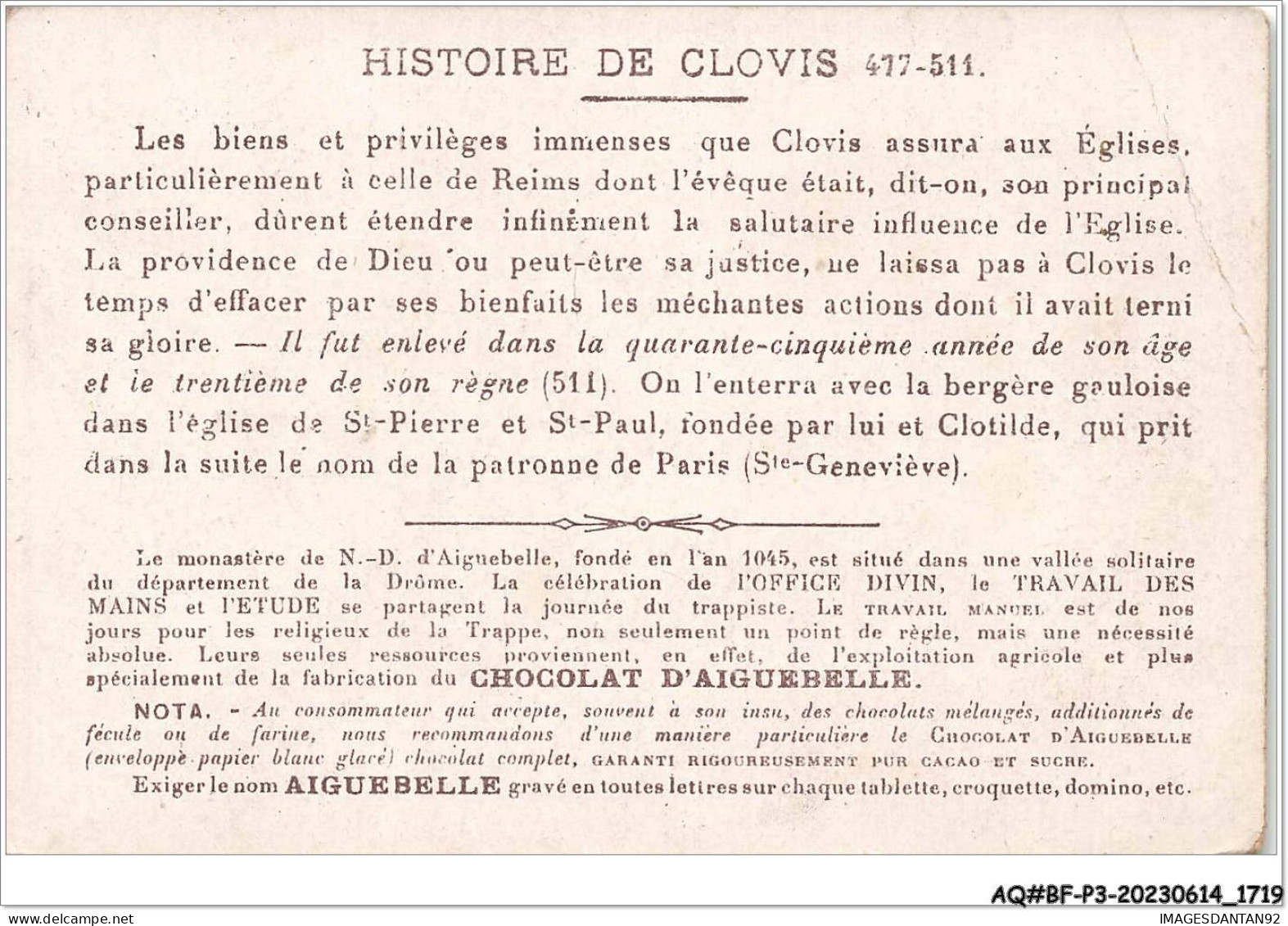 AQ#BFP3-CHROMOS-0857 - CHOCOLAT D'AIGUEBELLE - Histoire De Clovis - NÂ°12 - Aiguebelle
