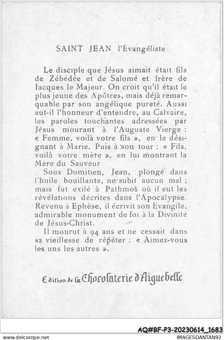 AQ#BFP3-CHROMOS-0839 - CHOCOLAT D'AIGUEBELLE - Les Gloires De L'église - St.Jean, Apôtre évangéliste - Aiguebelle