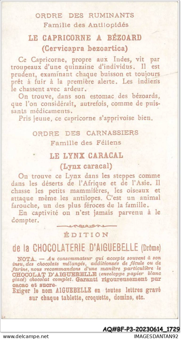 AQ#BFP3-CHROMOS-0862 - CHOCOLAT D'AIGUEBELLE - Le Monde Des Mammifères - Capricorne - Lynx Caracal - Aiguebelle