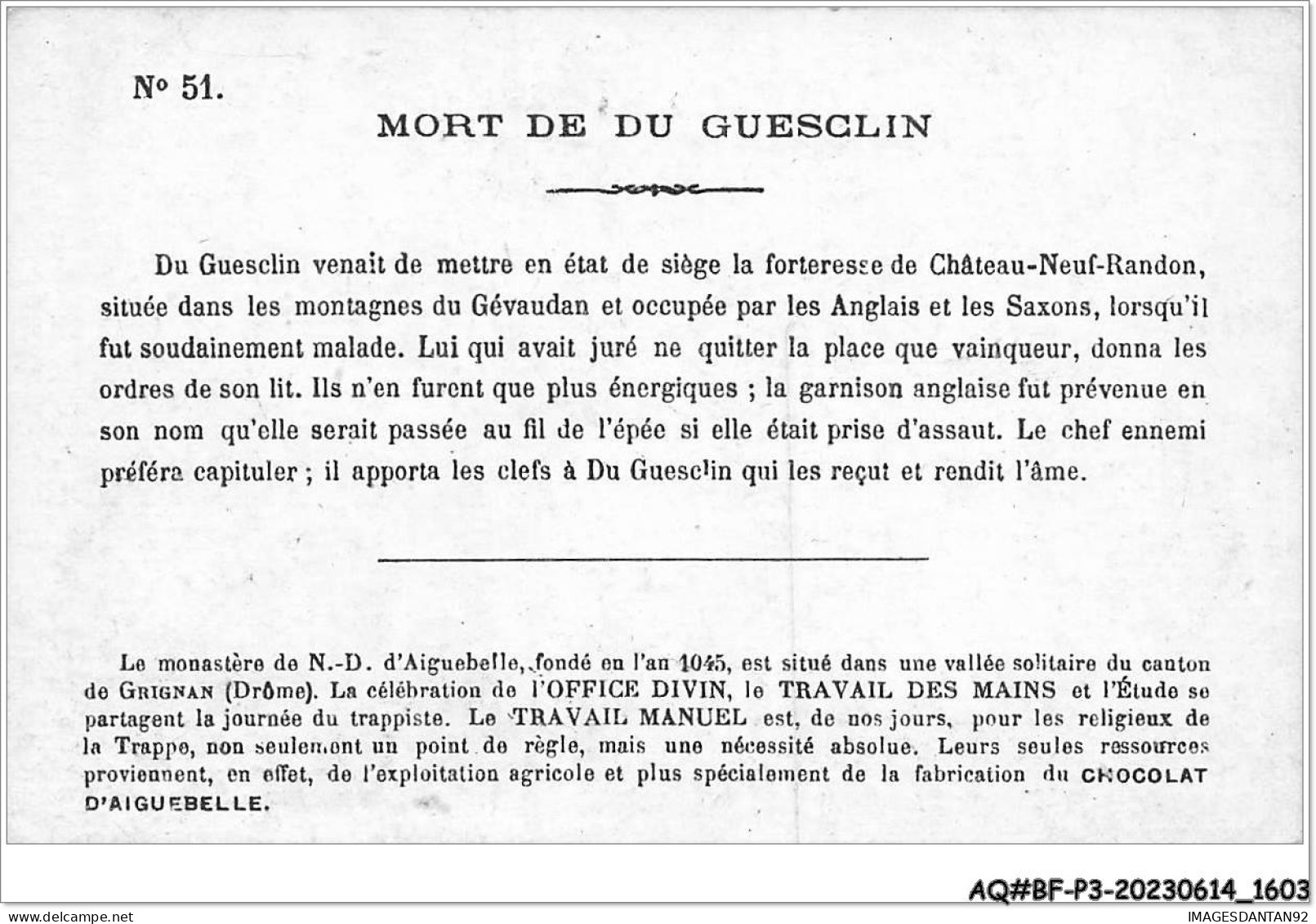 AQ#BFP3-CHROMOS-0799 - Chocolat D'Aiguebelle - Mort De Du Guesclin 1380 - Aiguebelle