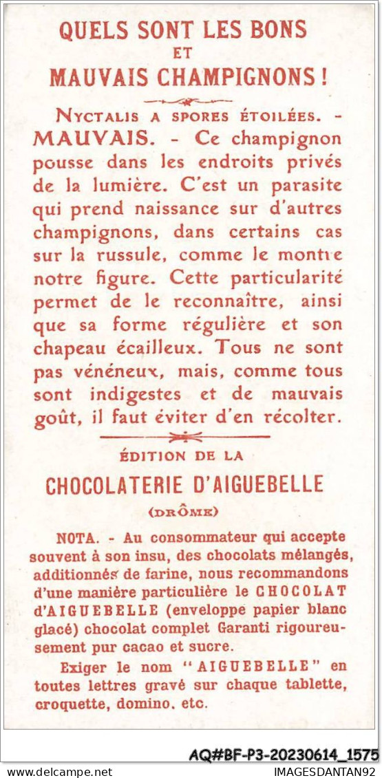 AQ#BFP3-CHROMOS-0785 - Chocolat D'Aiguebelle - Champignon - Nyctalis à Spores étoilées Sur Russule, Mauvais - Aiguebelle