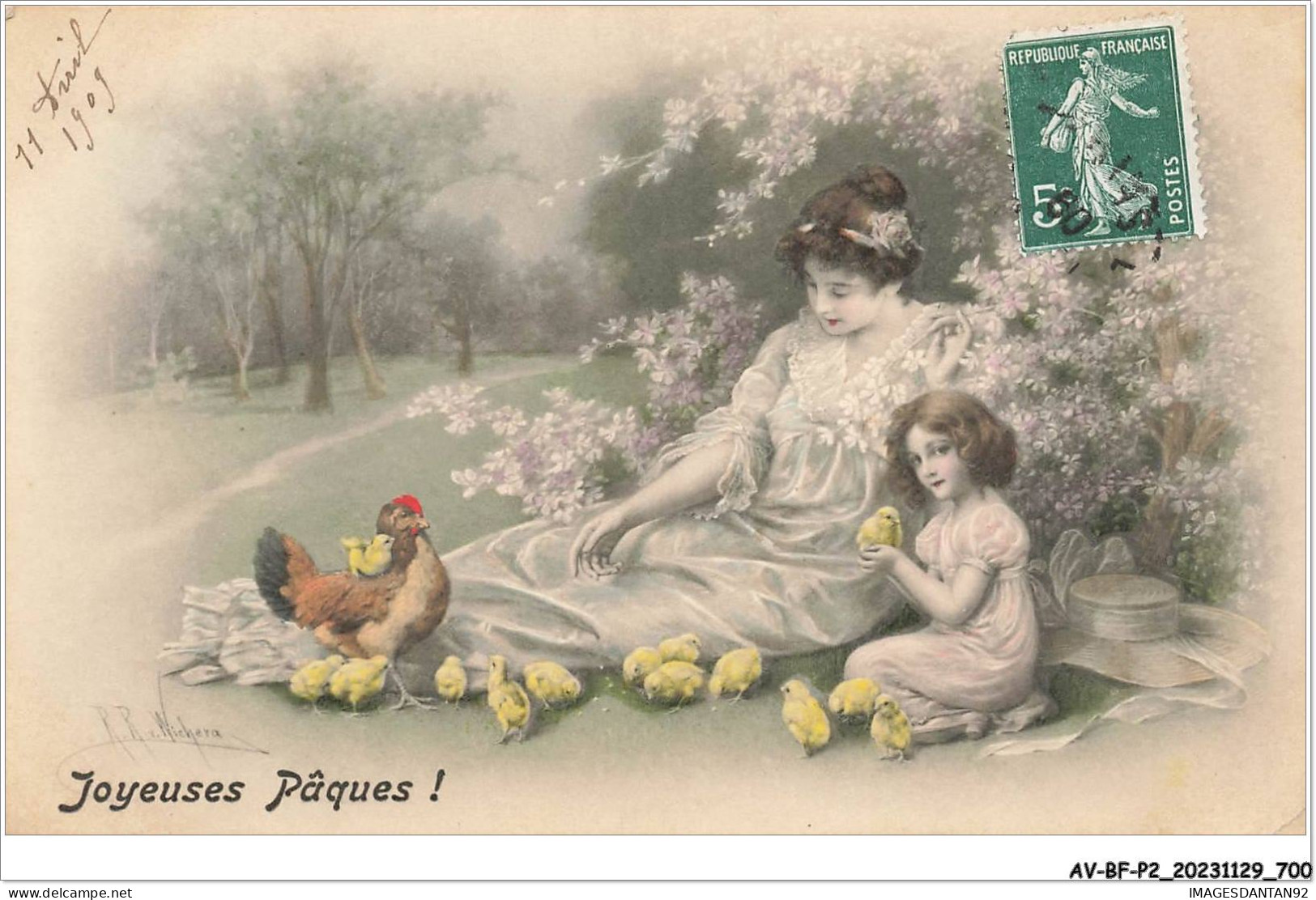 AV-BFP2-0538 - ILLUSTRATEUR - M.M. Vienne NÂ°446 - Joyeuses Pâques - Une Femme, Et Sa Fille Avec Des Poussins - Vienne