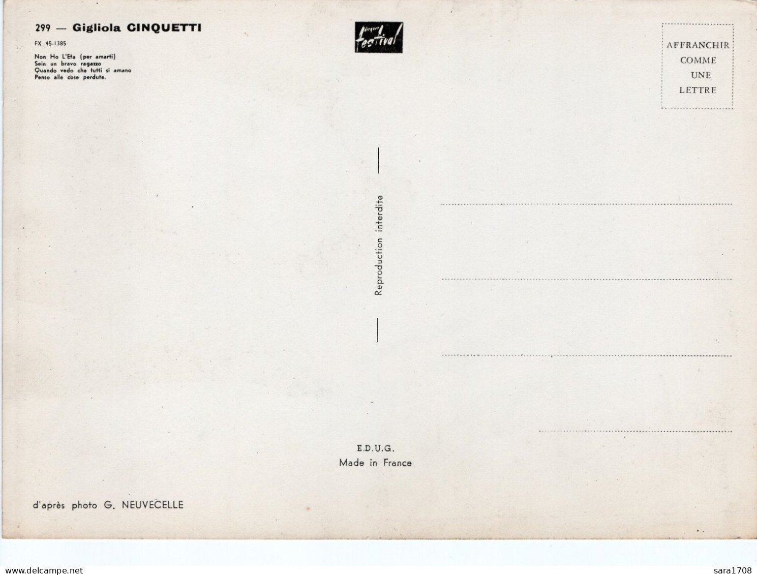 Gigliola CINQUETTI. RARE Carte Postale Année 1965-70 De Format 21 X 15 Cm. VOIR 2 SCAN. - Singers & Musicians