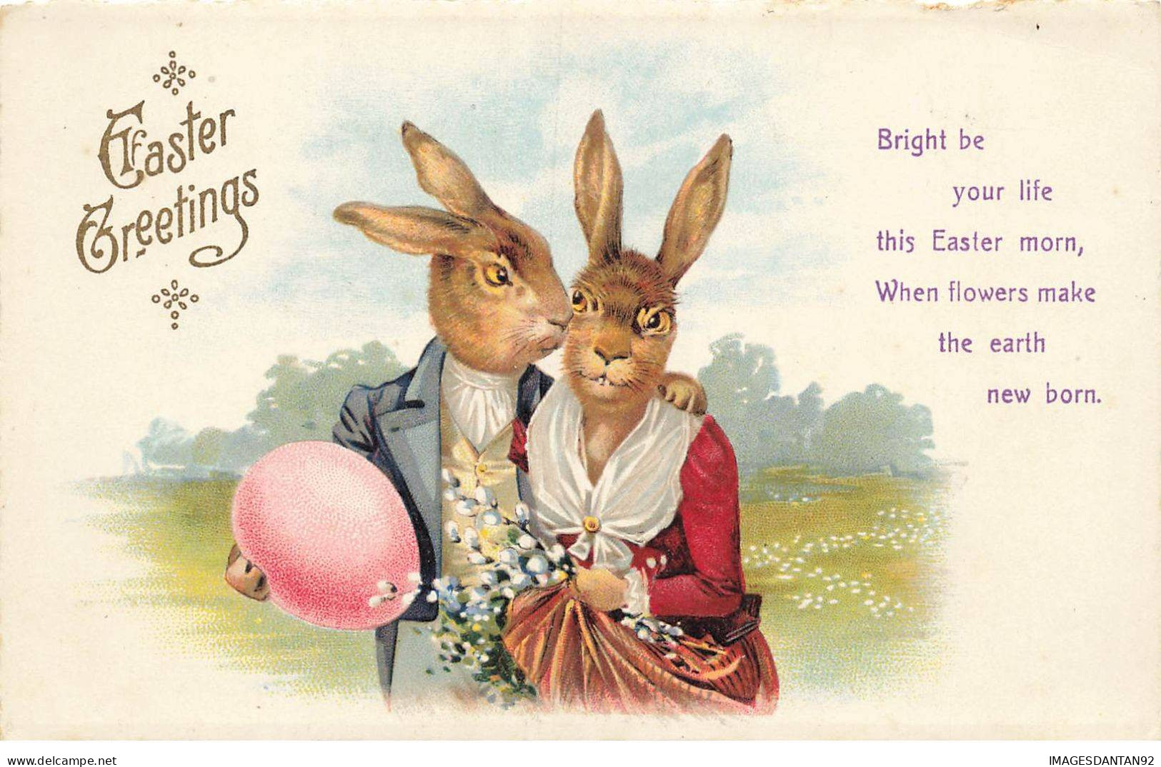 VOEUX #FG56257 JOYEUSES PAQUES COUPLE LAPINS LIEVRES HUMANISES EASTER GREETING BAISER - Ostern