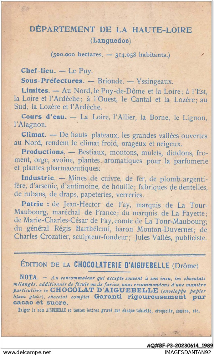 AQ#BFP3-CHROMOS-0992 - CHOCOLAT D'AIGUEBELLE - Les Départements - Haute-Loire - Aiguebelle