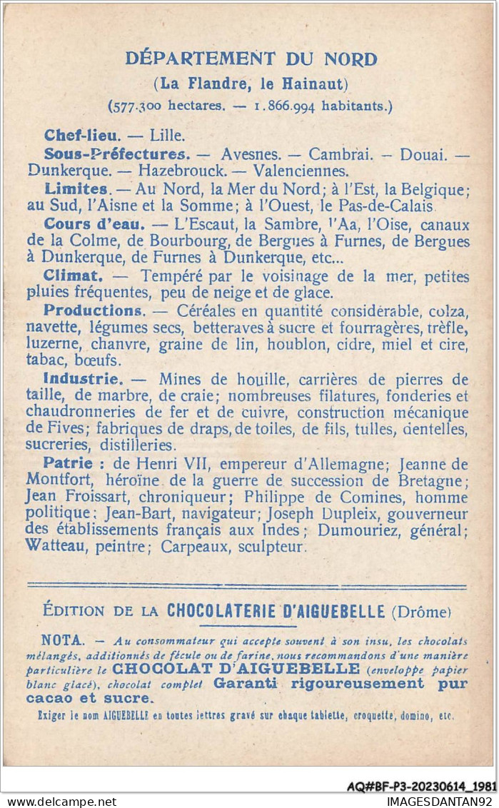 AQ#BFP3-CHROMOS-0988 - CHOCOLAT D'AIGUEBELLE - Les Départements - Nord - Aiguebelle