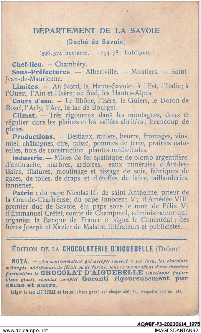 AQ#BFP3-CHROMOS-0985 - CHOCOLAT D'AIGUEBELLE - Les Départements - Savoie - Aiguebelle