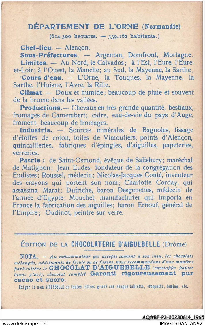 AQ#BFP3-CHROMOS-0980  - CHOCOLAT D'AIGUEBELLE - Les Départements - Orne - Aiguebelle