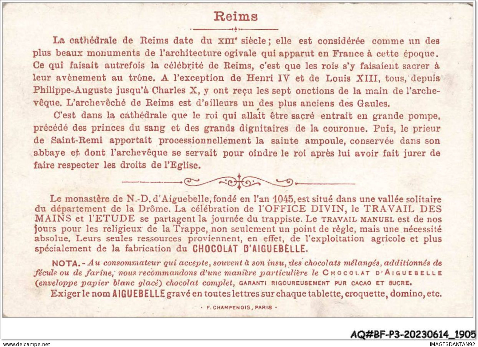 AQ#BFP3-CHROMOS-0950 - CHOCOLAT D'AIGUEBELLE - Sacre De Charles VII à Reims 1429 - Aiguebelle