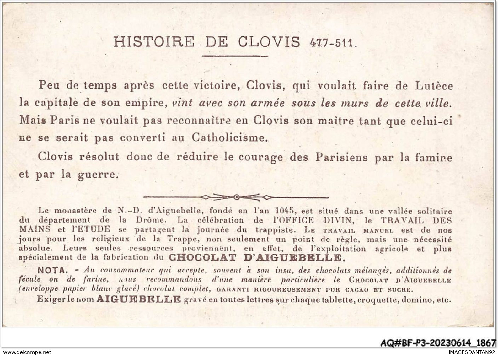 AQ#BFP3-CHROMOS-0931 - CHOCOLAT D'AIGUEBELLE - Clovis Assiège Paris - Aiguebelle