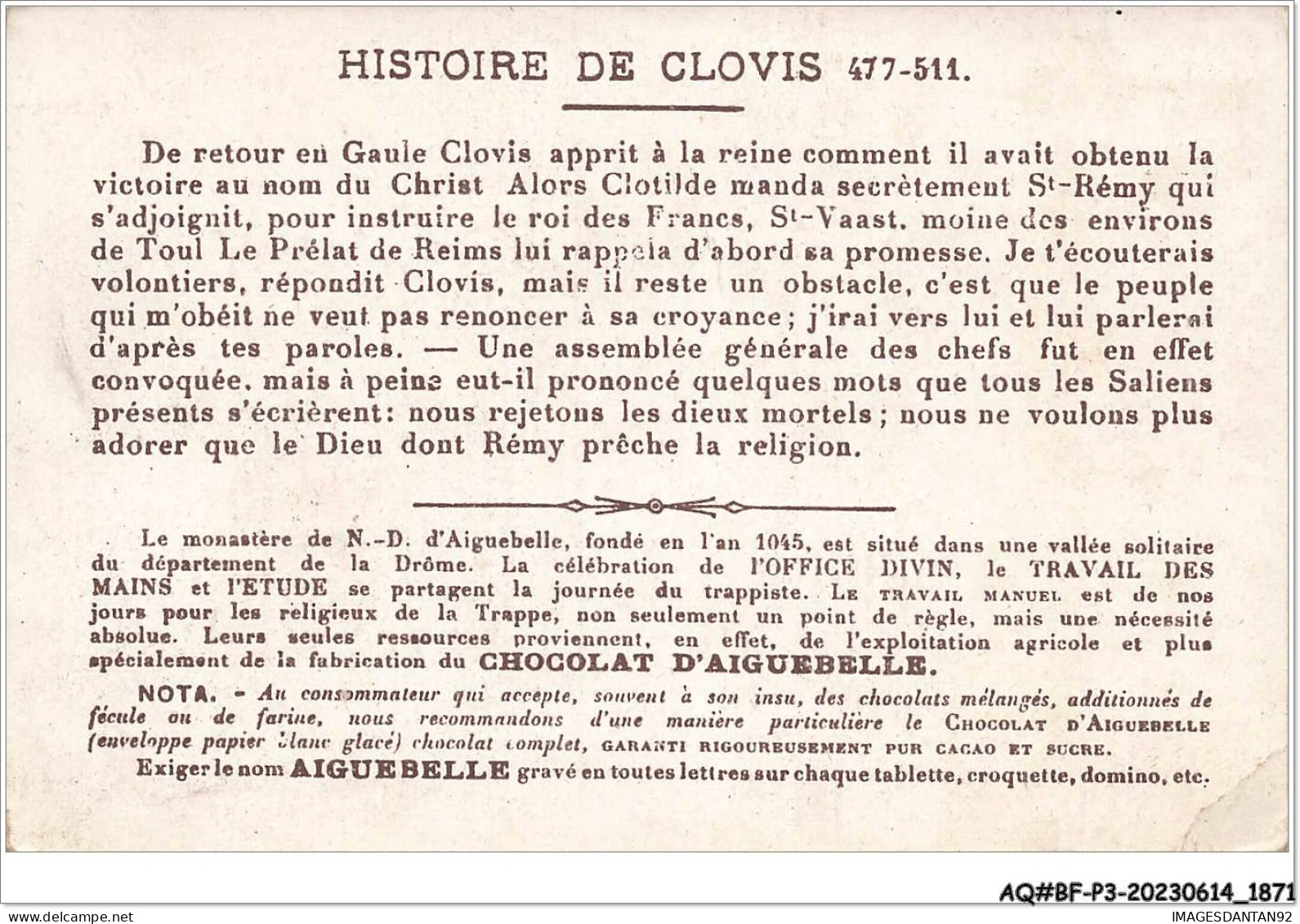 AQ#BFP3-CHROMOS-0933 - CHOCOLAT D'AIGUEBELLE - Clovis Reçoit Le Baptême Des Mains De St-Rémy à Reims - Aiguebelle