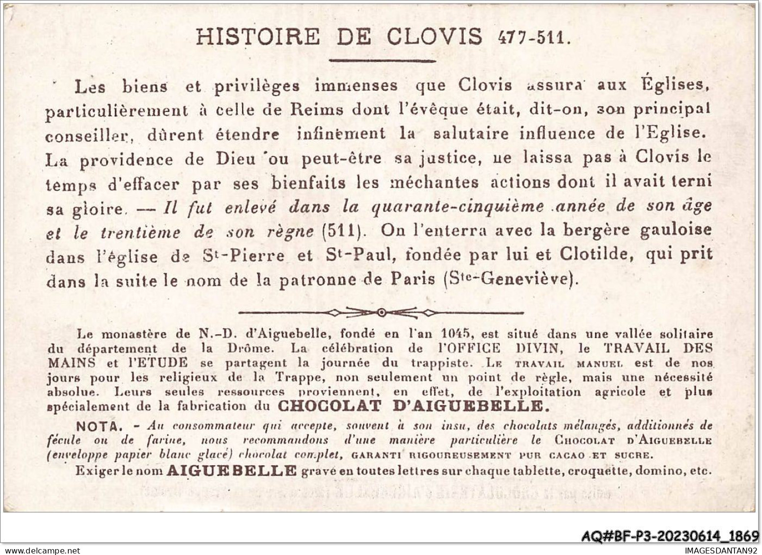 AQ#BFP3-CHROMOS-0932 - CHOCOLAT D'AIGUEBELLE - Mort De Clovis Roi De France - Aiguebelle