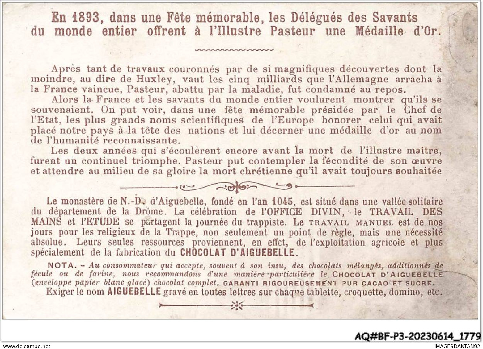 AQ#BFP3-CHROMOS-0887 - CHOCOLAT D'AIGUEBELLE - Pasteur Reçoit Une Médaille D'or Des Savants Du Monde Entier - Aiguebelle