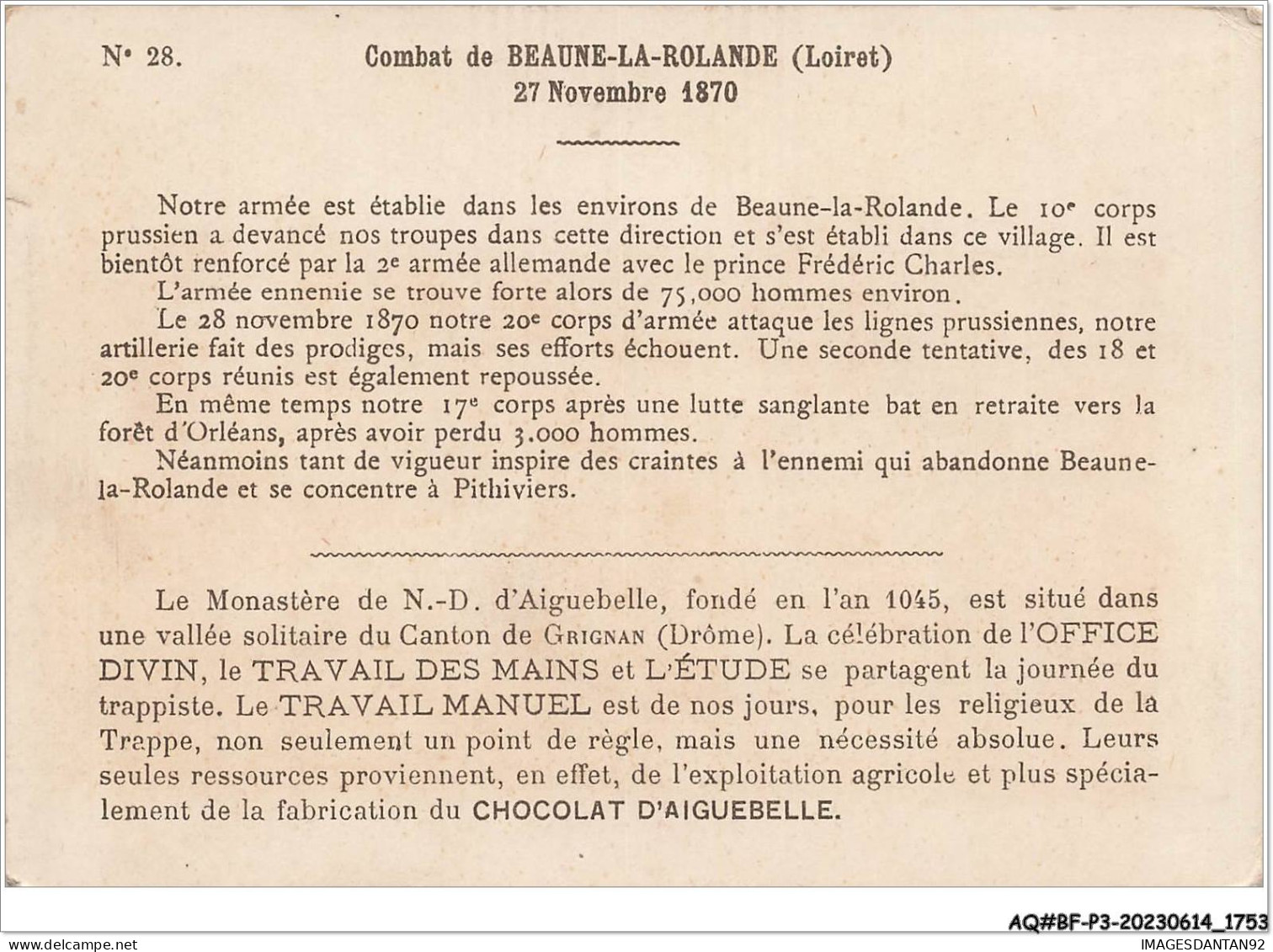 AQ#BFP3-CHROMOS-0874 - CHOCOLAT D'AIGUEBELLE - Bataille De Beaune-la-Rolande - 27 Novembre 1870 - Aiguebelle